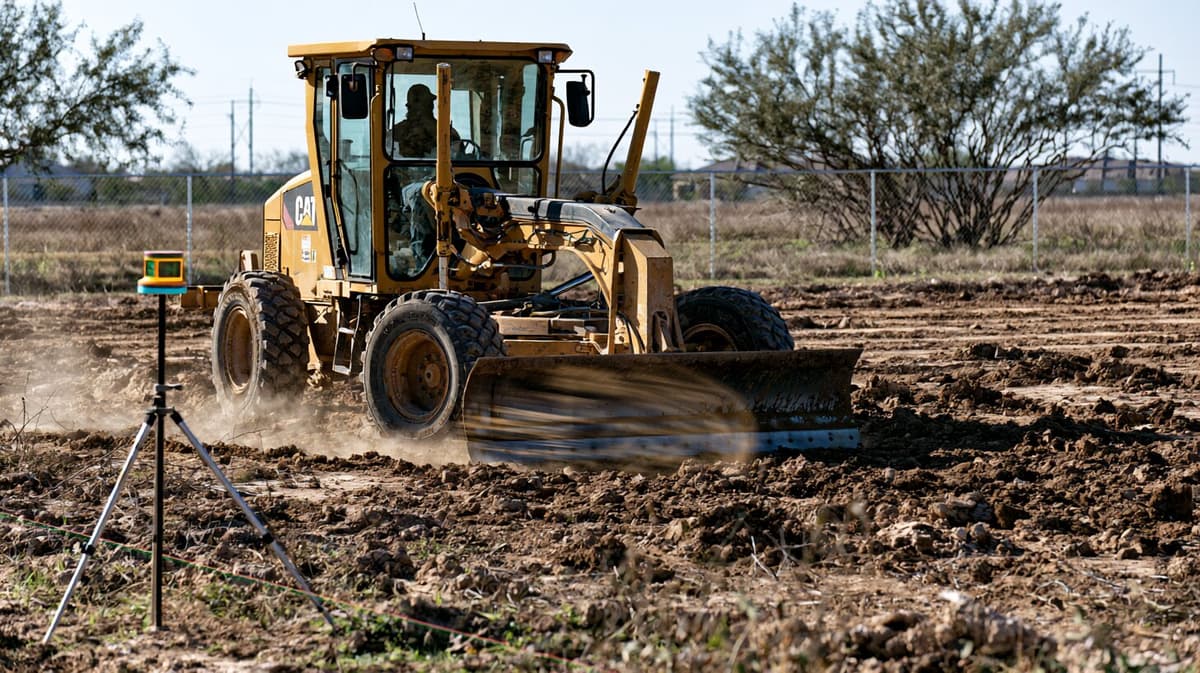 Motor grader cutting and filling a site to grade