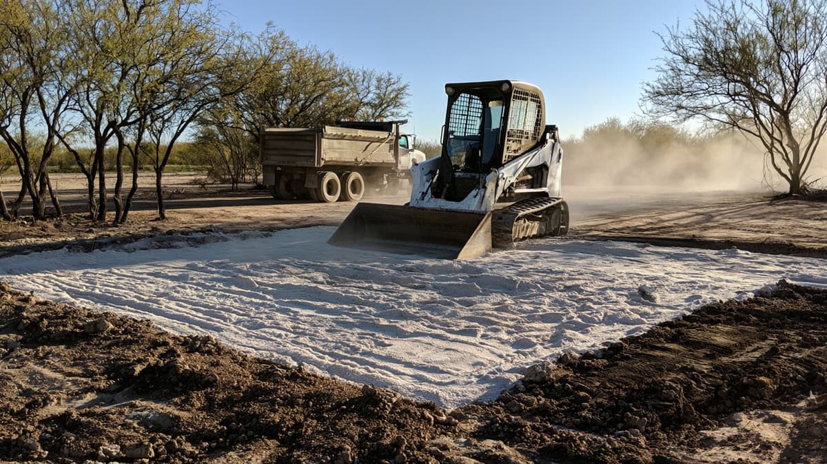 Caliche being spread and compacted for a building pad